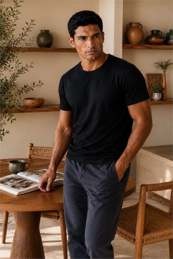 Mısırlı ORGANIC Pamuklu HERCULES Slim Fit Bisiklet Yaka Fanila Siyah
