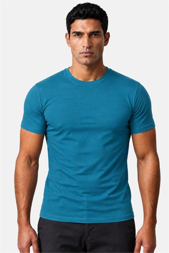 Mısırlı ORGANIC Pamuklu HERCULES Slim Fit Bisiklet Yaka Fanila Petrol
