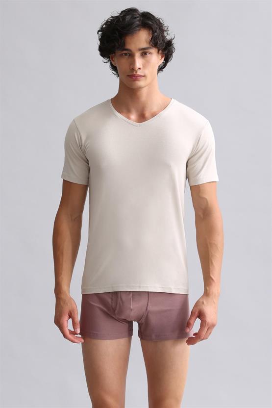 Mısırlı ORGANIC Pamuklu HERCULES Slim Fit V Yaka Fanila / T-Shirt Toprak Bej