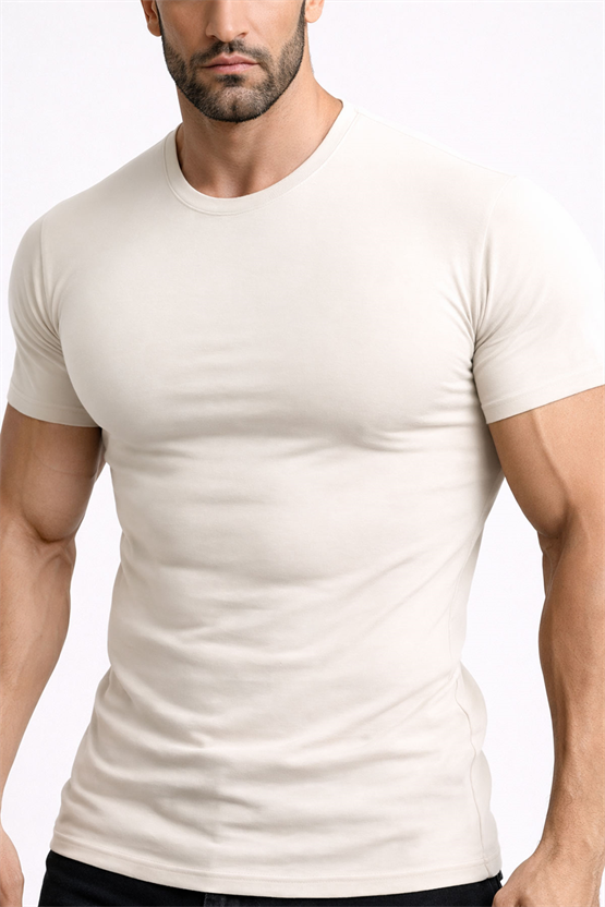 Mısırlı ORGANIC Pamuklu HERCULES Slim Fit Bisiklet Yaka Fanila / T-Shirt Toprak Bej