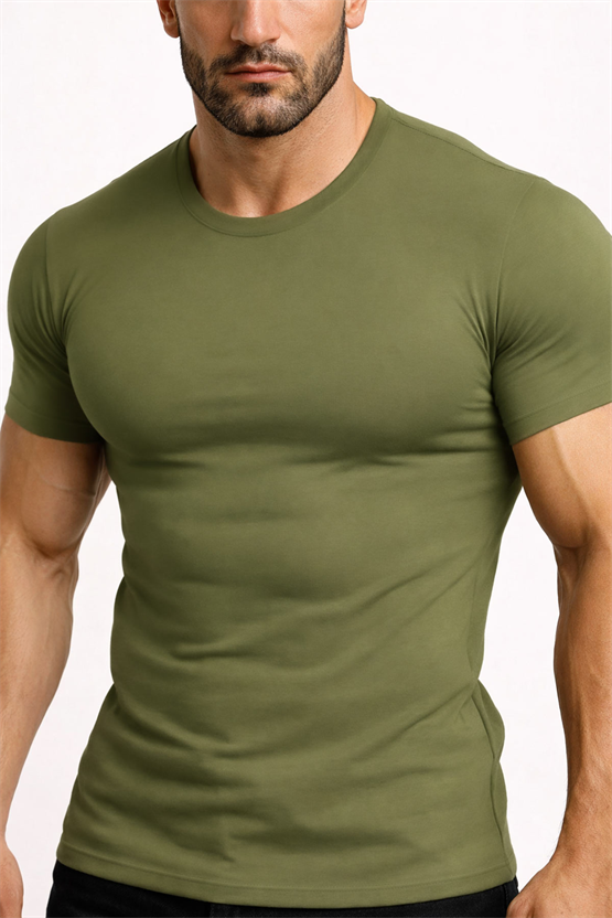 Mısırlı ORGANIC Pamuklu HERCULES Slim Fit Bisiklet Yaka Fanila / T-Shirt Haki