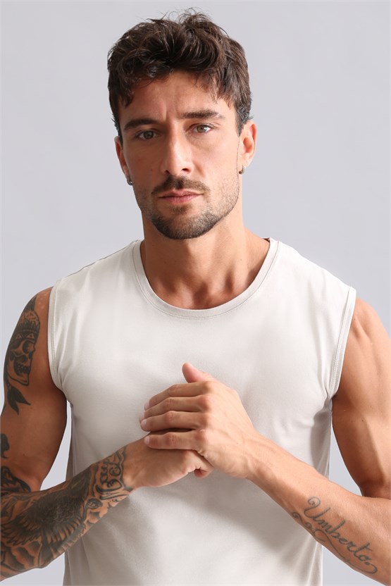 Mısırlı ORGANIC Pamuklu HERCULES Slim Fit Bisiklet Yaka Sporcu Atlet Toprak Bej