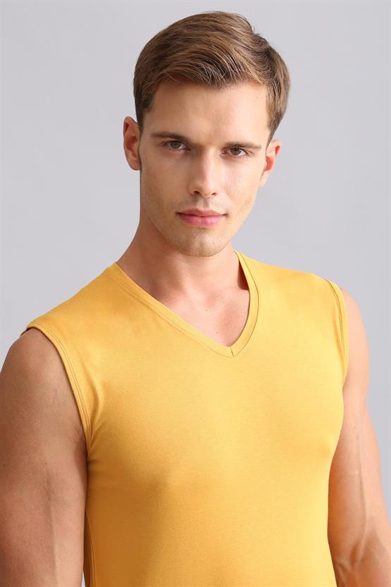 Mısırlı ORGANIC Pamuklu HERCULES Slim Fit V Yaka Sporcu Atlet / T-Shirt Hardal