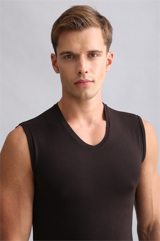 Mısırlı ORGANIC Pamuklu HERCULES Slim Fit V Yaka Sporcu Atlet Kahverengi