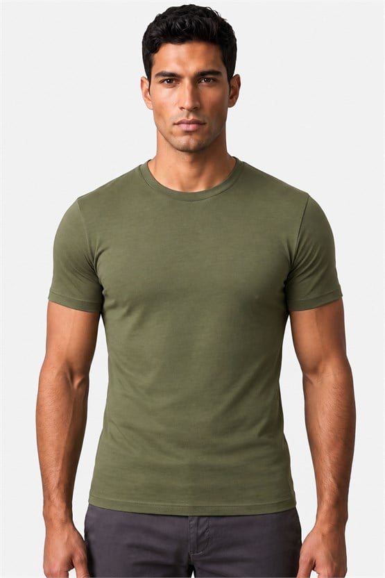 Mısırlı ORGANIC Pamuklu HERCULES Slim Fit Bisiklet Yaka Fanila Haki