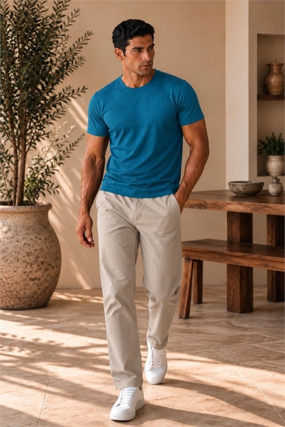 Mısırlı ORGANIC Pamuklu HERCULES Slim Fit Bisiklet Yaka Fanila Petrol