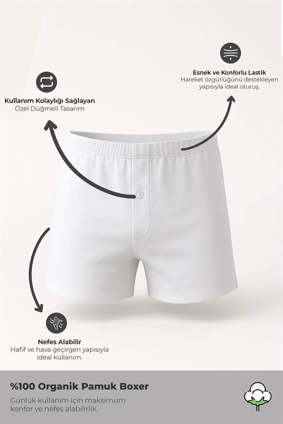 Mısırlı ORGANIC Pamuklu Relaks Loose Fit Düğmeli Ekstra Bol Kesim Uzun Şort Boxer Beyaz