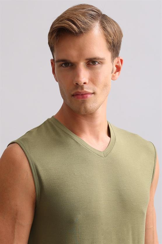 Mısırlı ORGANIC Pamuklu ZEUS LUXURY Regular Fit V Yaka Sporcu Atlet / T-Shirt Haki Zeytin
