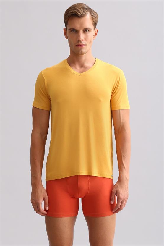 Mısırlı ORGANIC Pamuklu ZEUS LUXURY Regular Fit V Yaka Fanila / T-Shirt Hardal