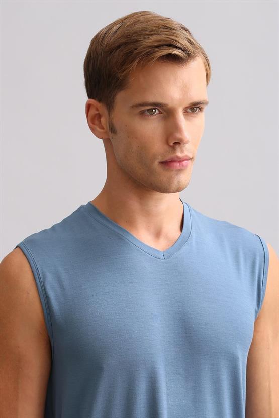Mısırlı ORGANIC Pamuklu ZEUS LUXURY Regular Fit V Yaka Sporcu Atlet / T-Shirt Gece Mavisi