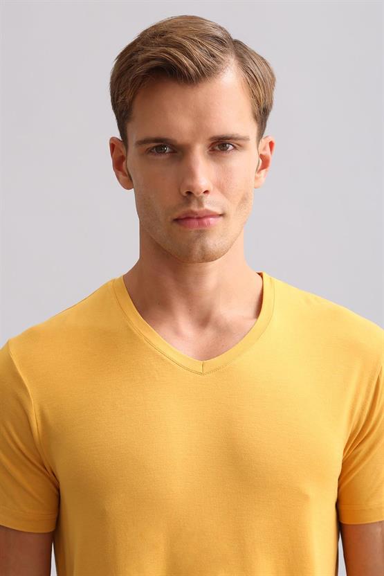 Mısırlı ORGANIC Pamuklu ZEUS LUXURY Regular Fit V Yaka Fanila / T-Shirt Hardal