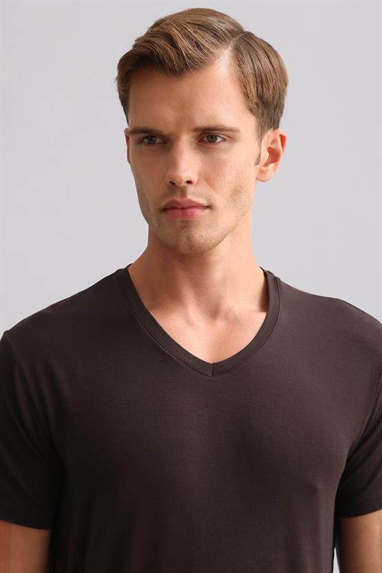 Mısırlı ORGANIC Pamuklu ZEUS LUXURY Regular Fit V Yaka Fanila / T-Shirt Kahverengi