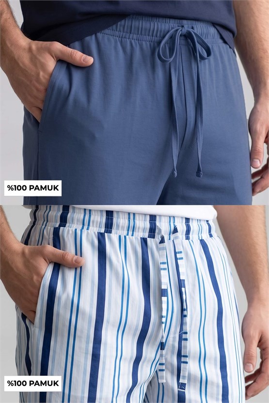 Mısırlı Pamuklu Erkek İkili Alt Pijama Çizgili Beyaz-İndigo