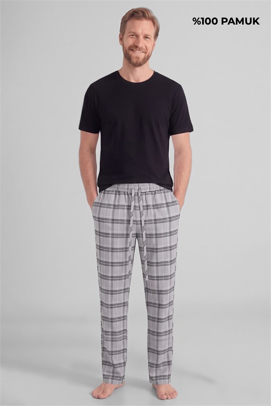 Mısırlı Pamuklu Erkek İkili Alt Pijama Ekose Gri-Kahverengi