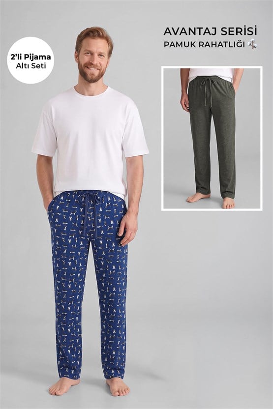 Mısırlı Pamuklu Erkek İkili Alt Pijama Baskılı Lacivert-Yeşil Melanj