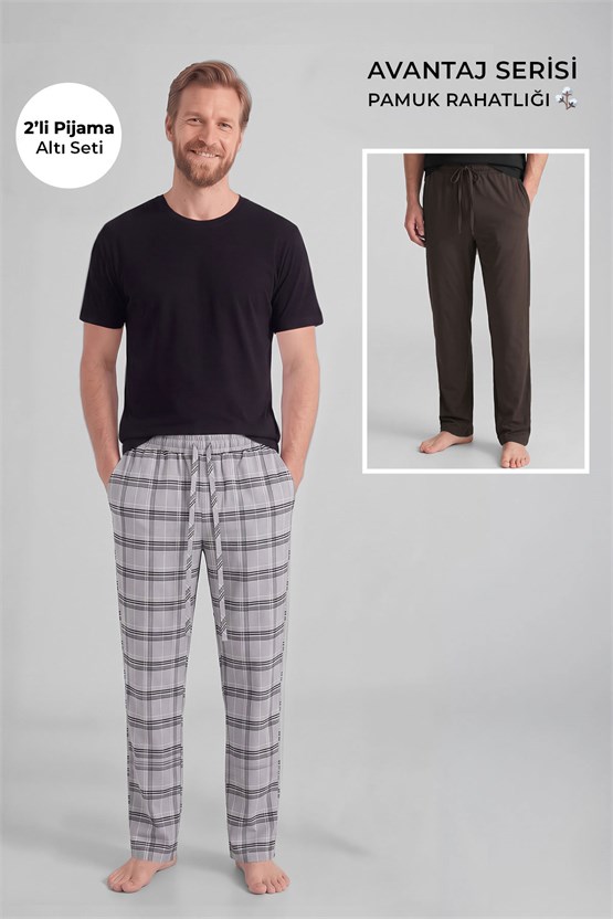 Mısırlı Pamuklu Erkek İkili Alt Pijama Ekose Gri-Kahverengi