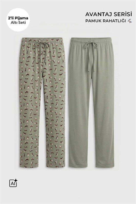Mısırlı Pamuklu Erkek İkili Alt Pijama Baskılı Çağla Yeşil-Çağla Yeşil