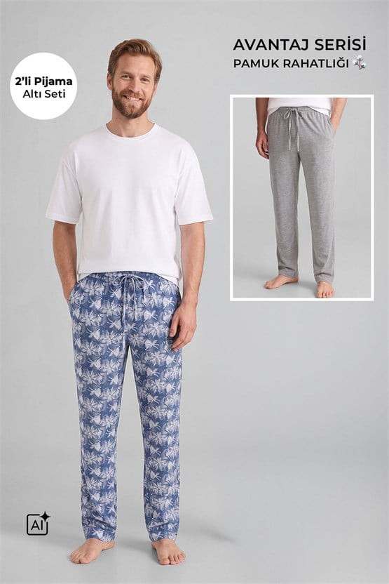 Mısırlı Pamuklu Erkek İkili Alt Pijama Baskılı İndigo-Gri Melanj