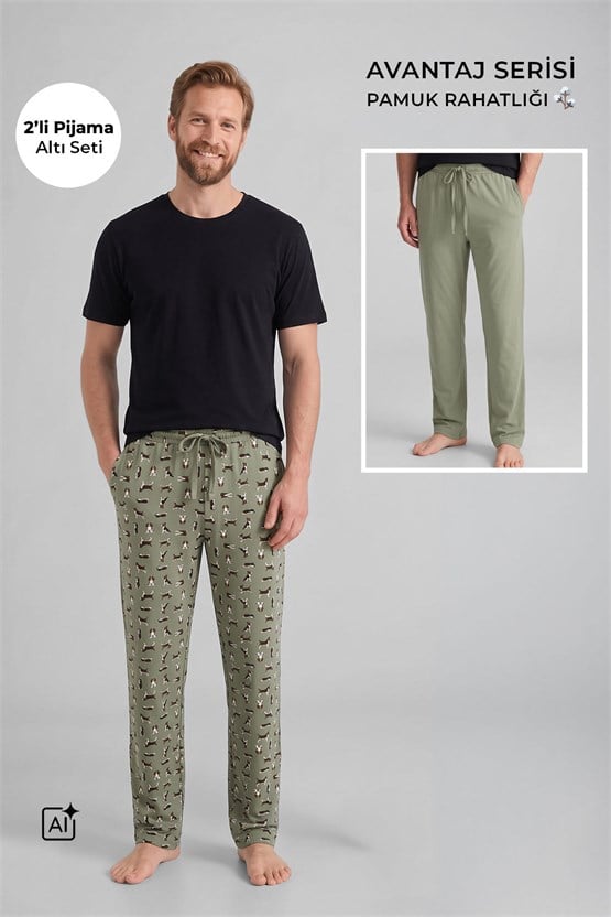 Mısırlı Pamuklu Erkek İkili Alt Pijama Baskılı Çağla Yeşil-Çağla Yeşil