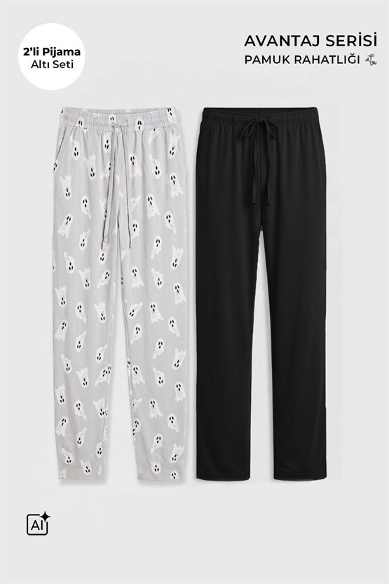 Mısırlı Pamuklu Erkek İkili Alt Pijama Baskılı Gri-Siyah