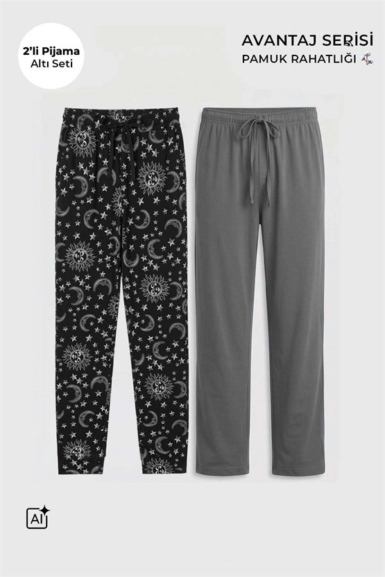 Mısırlı Pamuklu Erkek İkili Alt Pijama Baskılı Siyah-Koyu Gri