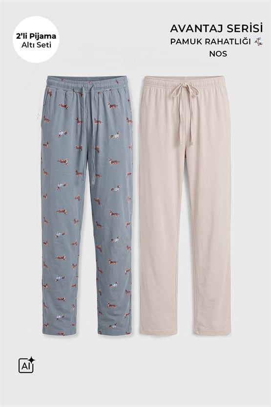 Mısırlı Pamuklu Erkek İkili Alt Pijama Baskılı Ada Çayı-Ekru