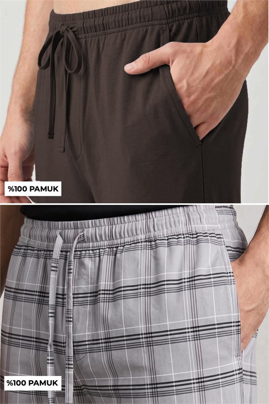 Mısırlı Pamuklu Erkek İkili Alt Pijama Ekose Gri-Kahverengi