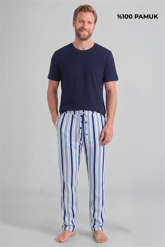 Mısırlı Pamuklu Erkek İkili Alt Pijama Çizgili Beyaz-İndigo