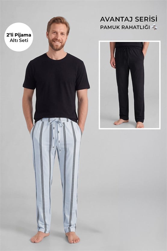 Mısırlı Pamuklu Erkek İkili Alt Pijama Çizgili Beyaz-Siyah