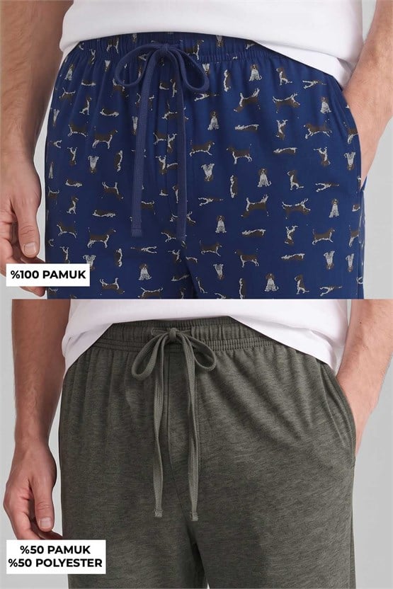 Mısırlı Pamuklu Erkek İkili Alt Pijama Baskılı Lacivert-Yeşil Melanj
