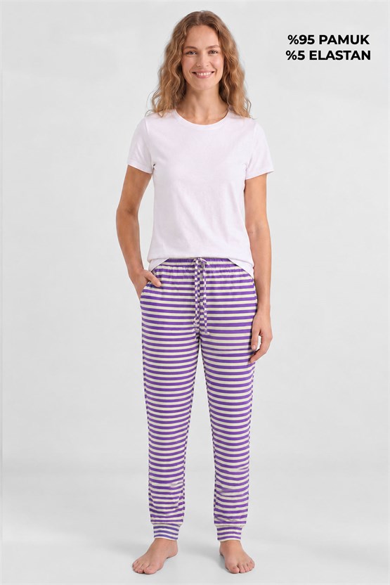 Mısırlı Pamuklu Kadın İkili Alt Pijama Çizgili Mor-Açık Leylak