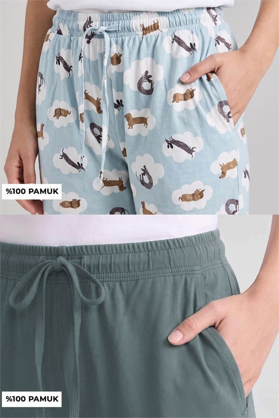 Mısırlı Pamuklu Kadın İkili Alt Pijama Baskılı Mint-Çağla Yeşil