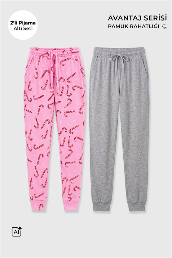 Mısırlı Pamuklu Kadın İkili Alt Pijama Baskılı Pembe-Gri Melanj