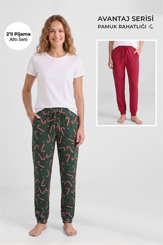 Mısırlı Pamuklu Kadın İkili Alt Pijama Baskılı Yeşil-Kırmızı