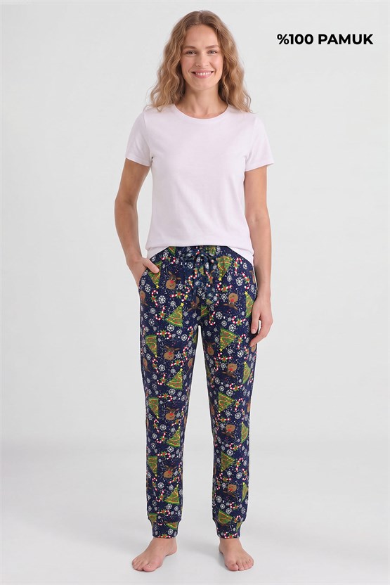 Mısırlı Pamuklu Kadın İkili Alt Pijama Baskılı Lacivert-Açık Haki