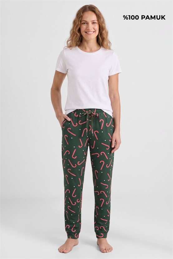 Mısırlı Pamuklu Kadın İkili Alt Pijama Baskılı Yeşil-Kırmızı
