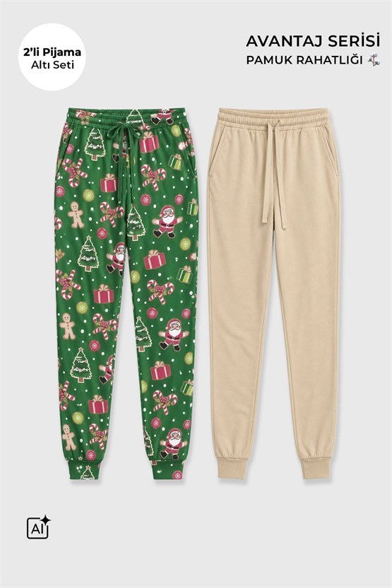 Mısırlı Pamuklu Kadın İkili Alt Pijama Baskılı Yeşil-Bej
