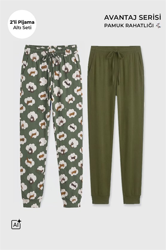 Mısırlı Pamuklu Kadın İkili Alt Pijama Baskılı Ekru-Haki