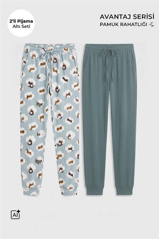 Mısırlı Pamuklu Kadın İkili Alt Pijama Baskılı Mint-Çağla Yeşil