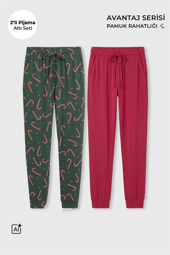 Mısırlı Pamuklu Kadın İkili Alt Pijama Baskılı Yeşil-Kırmızı