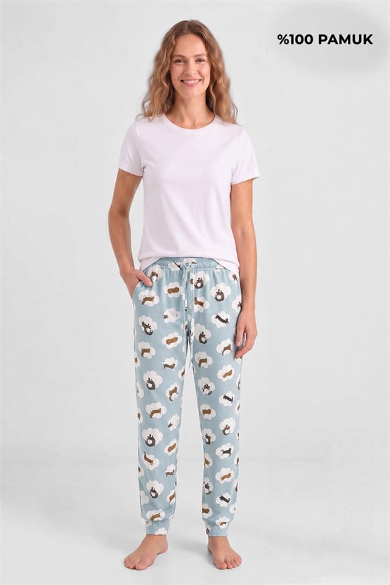 Mısırlı Pamuklu Kadın İkili Alt Pijama Baskılı Mint-Çağla Yeşil