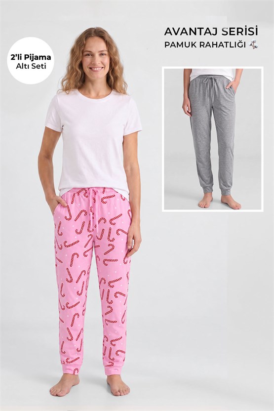 Mısırlı Pamuklu Kadın İkili Alt Pijama Baskılı Pembe-Gri Melanj