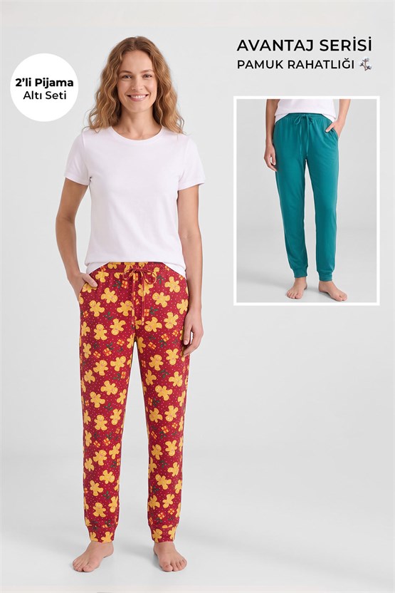 Mısırlı Pamuklu Kadın İkili Alt Pijama Baskılı Kırmızı-Yeşil