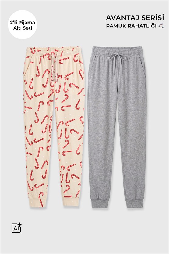 Mısırlı Pamuklu Kadın İkili Alt Pijama Baskılı Ekru-Gri Melanj