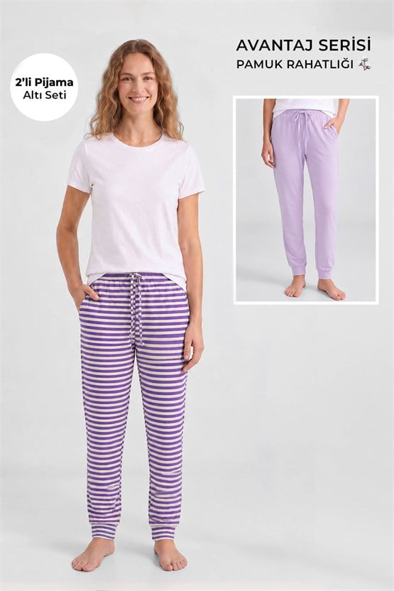 Mısırlı Pamuklu Kadın İkili Alt Pijama Çizgili Mor-Açık Leylak