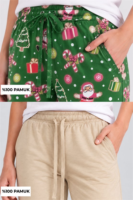 Mısırlı Pamuklu Kadın İkili Alt Pijama Baskılı Yeşil-Bej