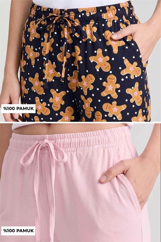 Mısırlı Pamuklu Kadın İkili Alt Pijama Baskılı Lacivert-Pembe