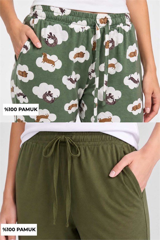 Mısırlı Pamuklu Kadın İkili Alt Pijama Baskılı Ekru-Haki