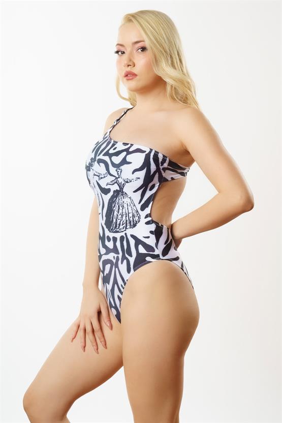 Mısırlı Tek Omuz Desenli Siyah Beyaz Mayo