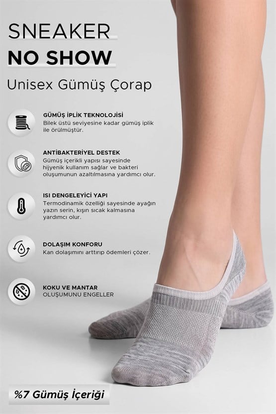 Mısırlı Unisex %7 Gümüş içerikli  No Show  Sneaker Çorap Gri